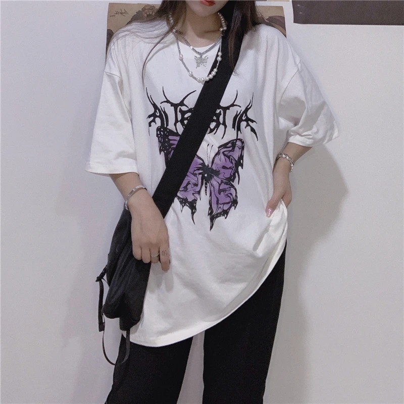 

Summer tops Streetwear Vintage butterfly Print Gothic dropshipping Korean Black Large Size Harajuku Short Sleeve women T-Shirts