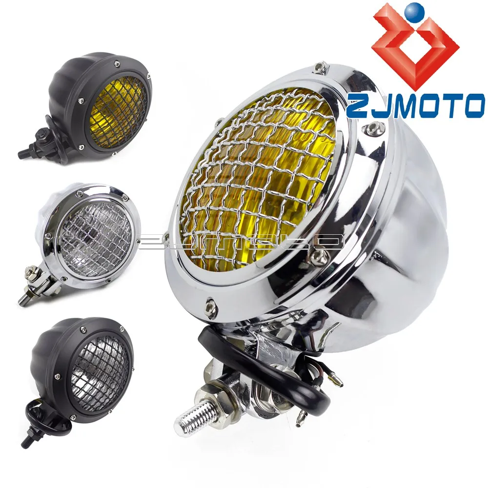 Yellow Glass Motorcycle 4.5&quot Headlamp For Harley Honda Yamaha Suzuki Cafe Racer Bobber Custom Mesh Grille Headlight Polish |