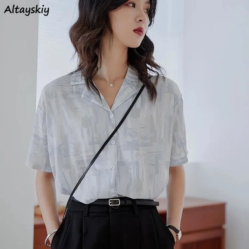 

Women Short Sleeve Blouses Printed Tie Dye Design Aesthetic Stylish All-match Japan Style Streetwear Cool Temper Retro Shirts