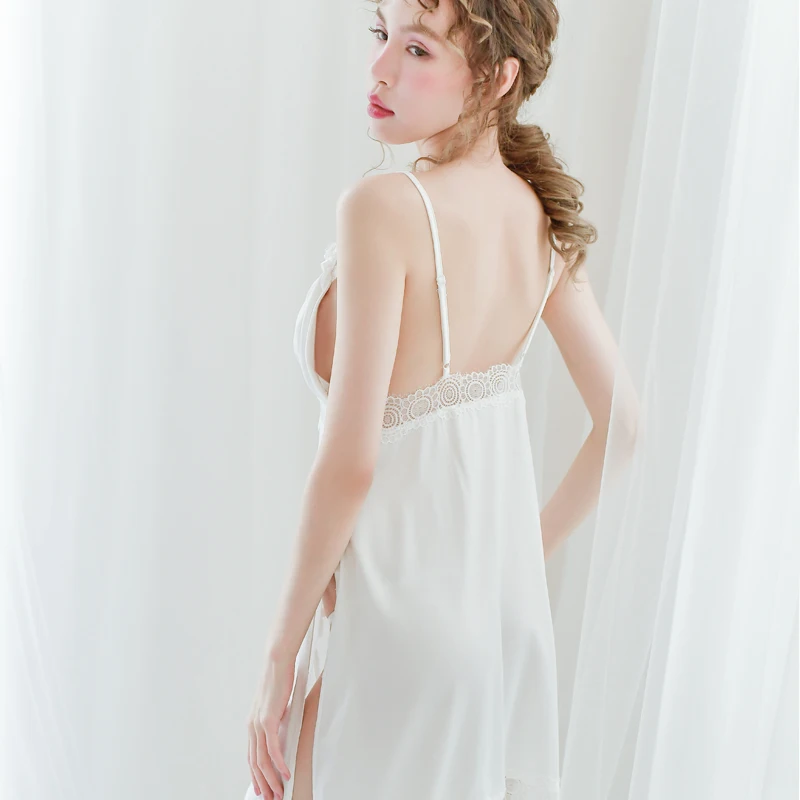 Белый сексуальный глубокий V атласный ремень ночная рубашка тонкий срез кружева