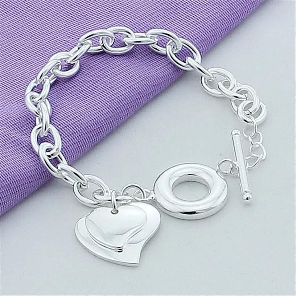 

Fashion Jewelry 925 Silver Double Heart Bracelet For Women Valentine Gift