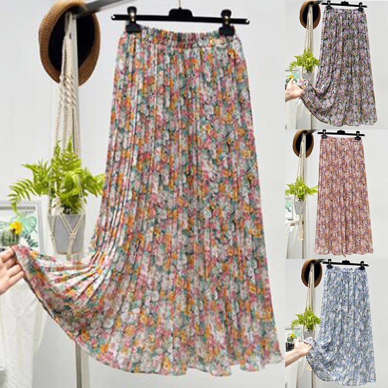 

Fashion Korean Style Elastic High Waist Office Wear Floral Pleated Skirt For Women Girls Summer Vintage Short Bottoms Skirts