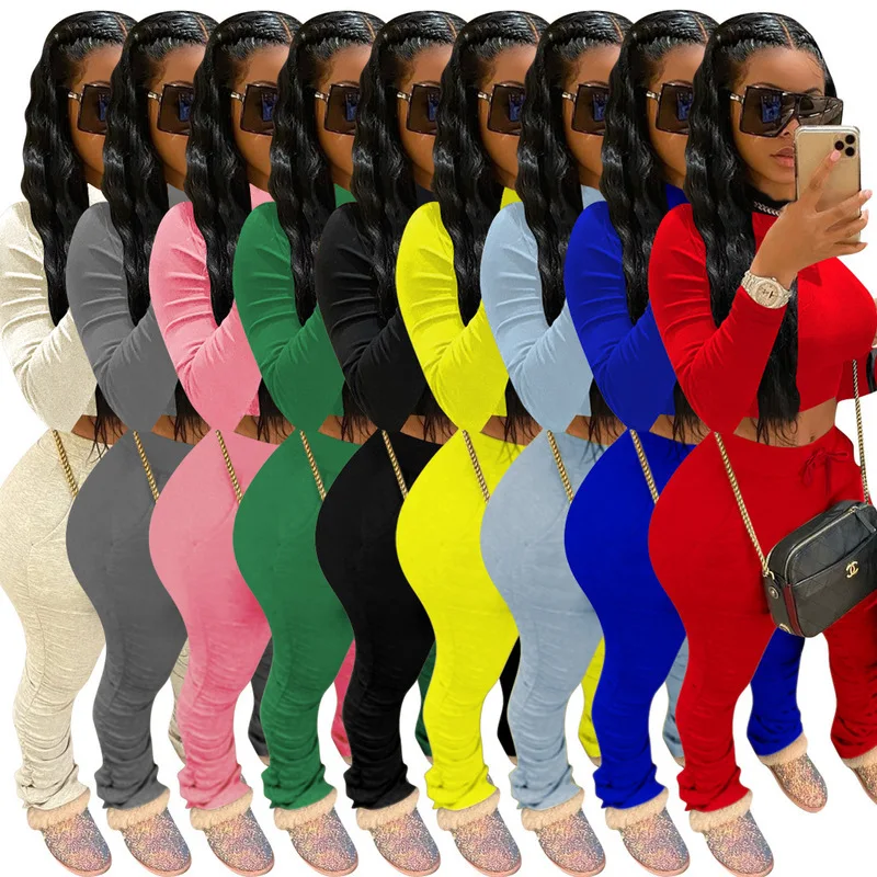 

Fitness Tracksuits Women Two Piece Set Crop Top + Flare Pants Casual Stacked Joggers Bell Bottom Lovely Pants Matching Suits