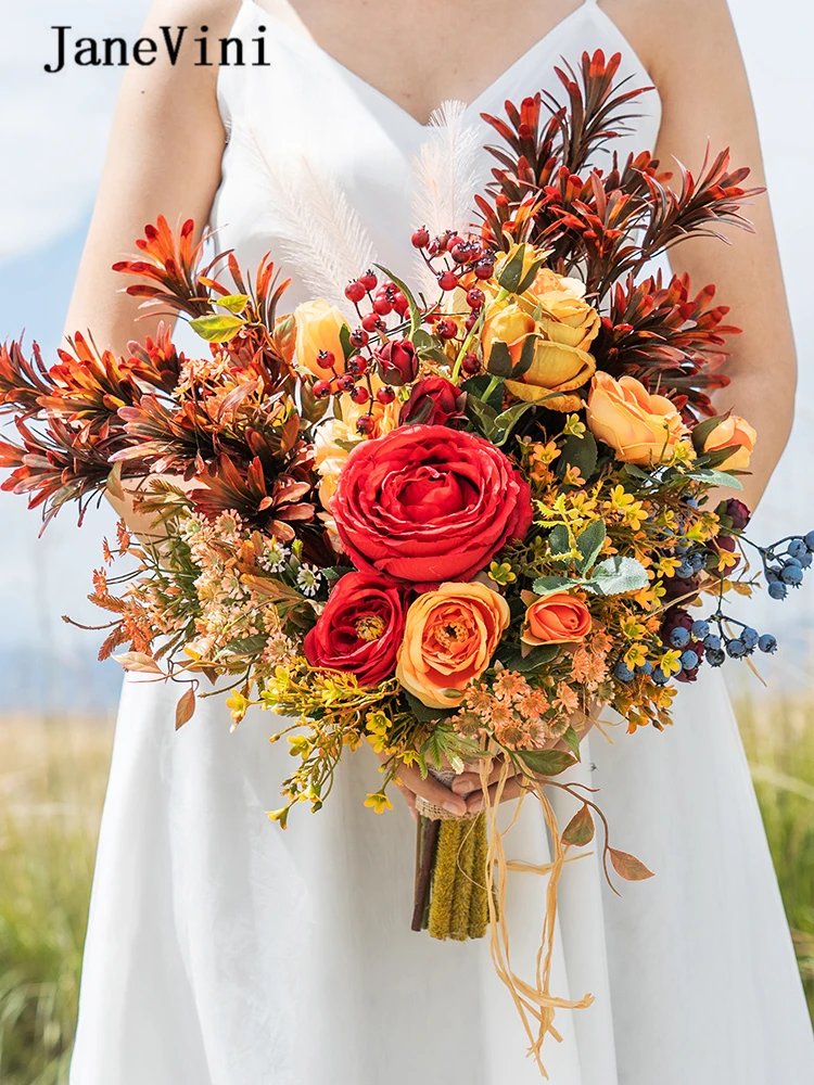 JaneVini винтажный Свадебный букет цветов ручной работы с украшением из красных