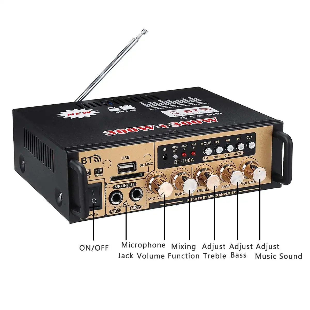 Золотой DC12V/AC220V 600W Автомобильный усилитель bluetooth цифровой аудио усилитель мощности стерео домашний кинотеатр усилители USB FM MP3 плеер
