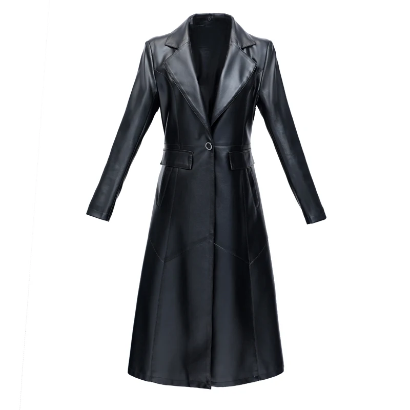 

2020 Brand Autumn Winter Women Long Leather Trench Coat Fashion X-Long Black Leather Jacket Women Turn Collar Faux Leather Coat