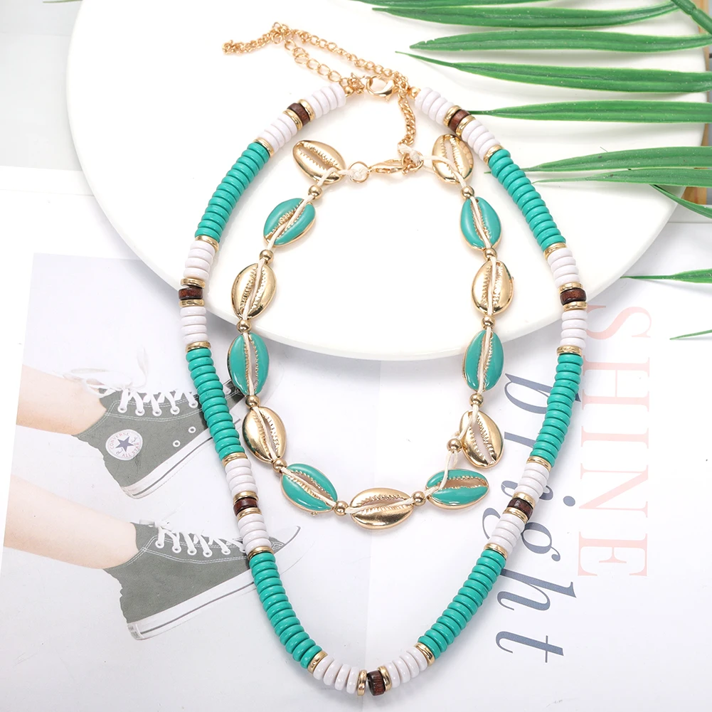 Зеленые бусы ручной работы Трендовое модное массивное ожерелье Золотая оболочка