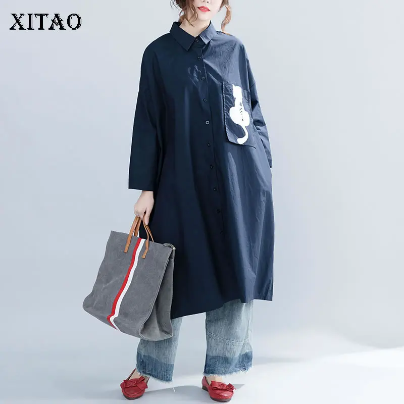 XITAO плюс размер с принтом карман миди платье женское модное корейское отложной