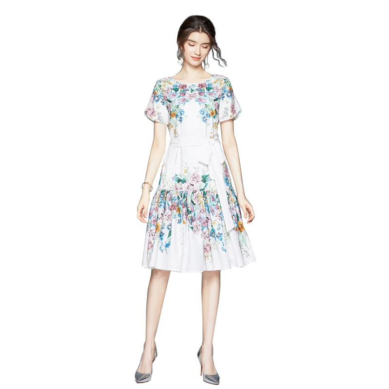 

2021 Summer High Quality Fashion Girl Crewneck Floral Skirt French Style Crewneck Retro Print Midlength Short Sleeve Dress