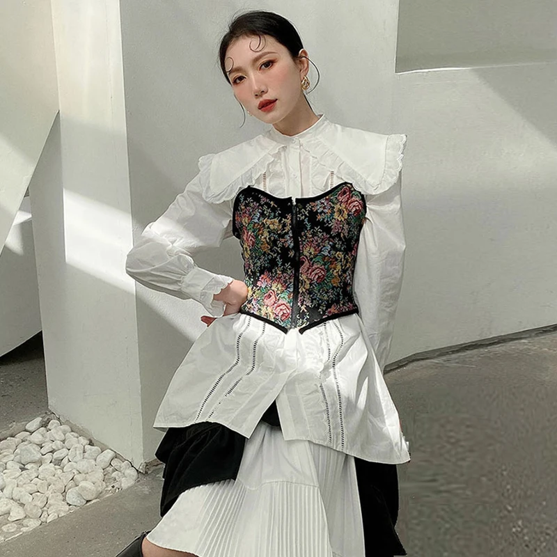 2021 Women's White Cardigan Blouses With Vintage Zipper Vest 2PCS Long Sleeve Peter Pan Collar Sweet Shirts Tops Female | Женская