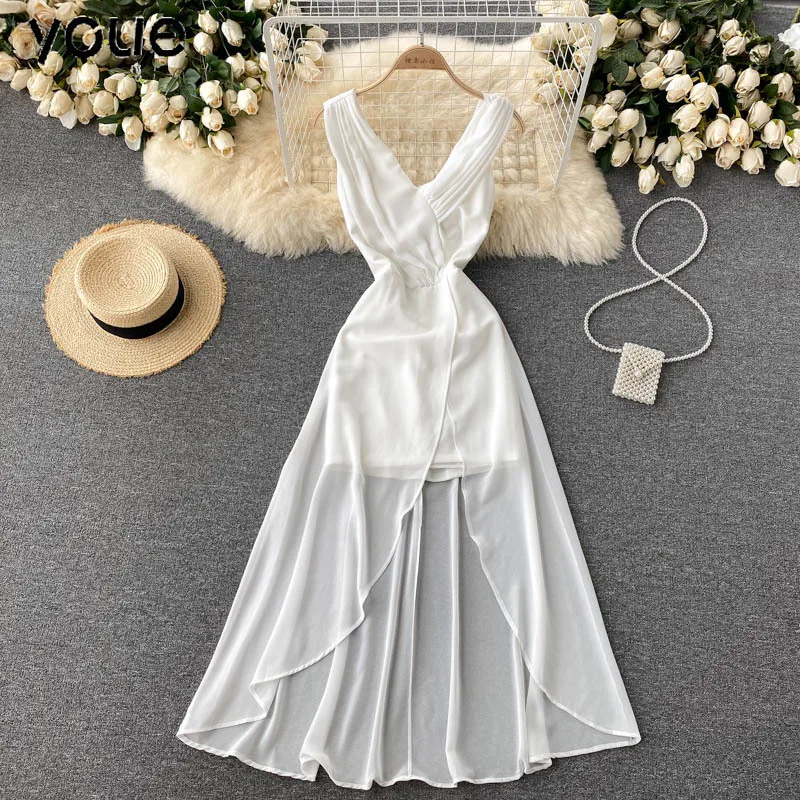 

Summer Women White Irregular Long Party Dress Sexy V-Neck Sleeveless High Waist Open Back Chiffon Maxi Vestidos 2021 New Fashion