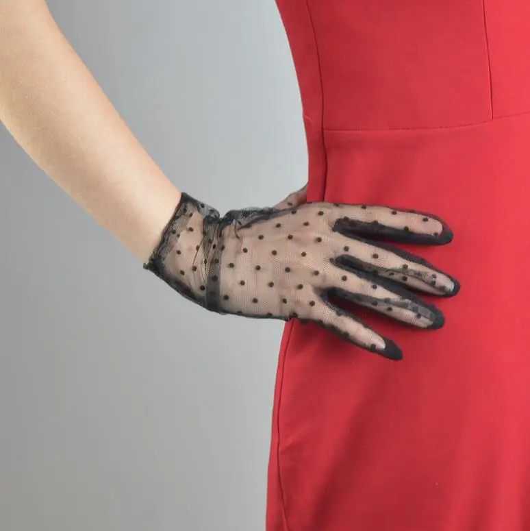 Женские прозрачные сетчатые перчатки R1909 черные вечерние с принтом в горошек для