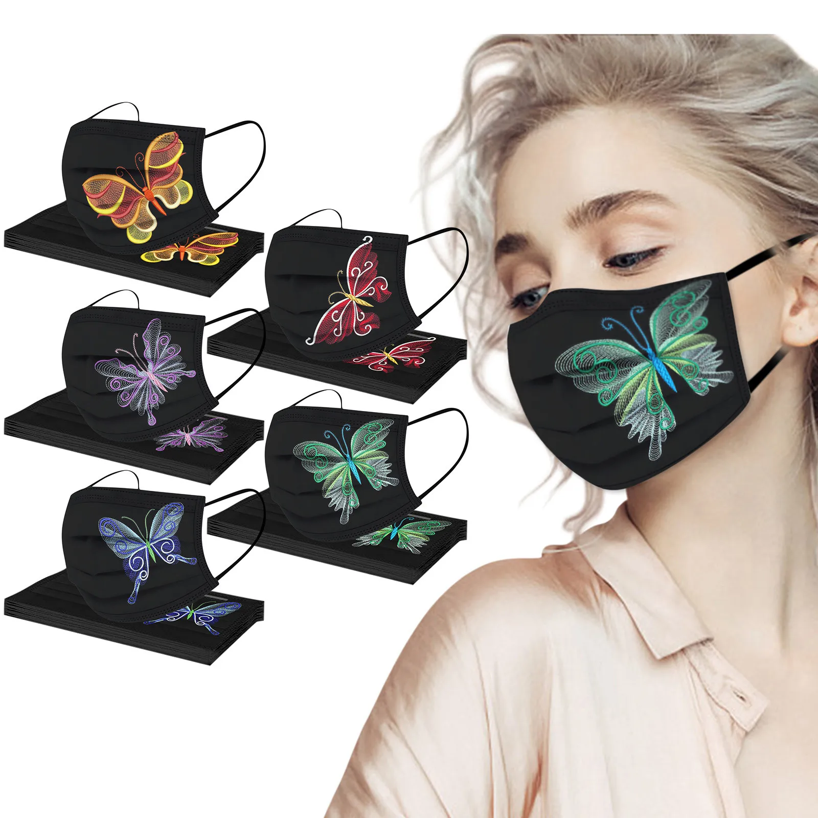 

50pc Women Disposable Masks Butterfly Floral Print Multicolor Adult Protection 3ply Mouth Masks Pm2.5 Masque Decoration