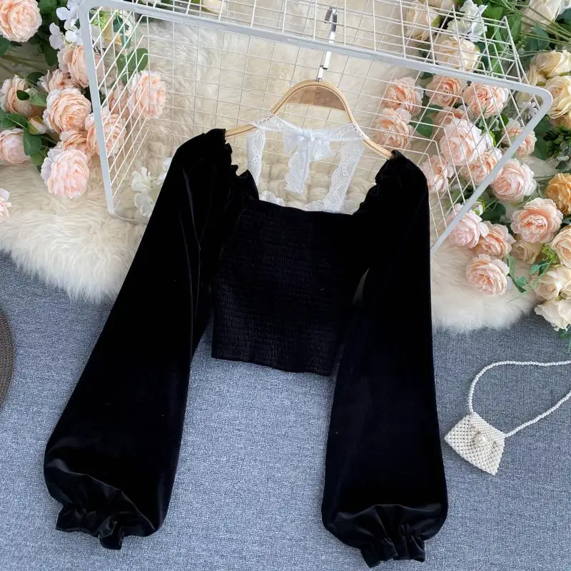 

Sexy Halter Lace Patchwork Short Blouse For Women Casual Puff Sleeve Velvet Shirt Female Black Tops New Fashion Autumn Winter