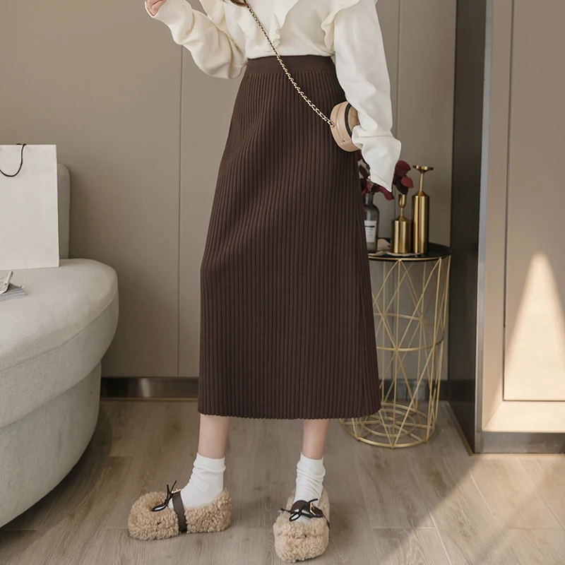 Облегающая модная эластичная Женская рабочая вязаная юбка длинные модные зимние
