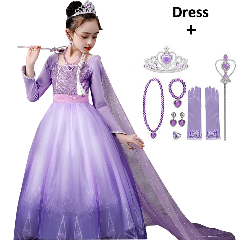 Frozen Elsa Dress Snow Queen 2 Girls Princess Purple Long Sleeve Christmas Carnival Kids Cosplay Costume Wedding | Тематическая