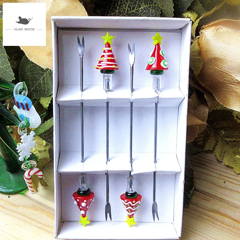 Custom cute handmade murano glass christmas tree fruit fork set miniature tableware stainless steel Cocktail Cake dessert sticks | Дом и сад