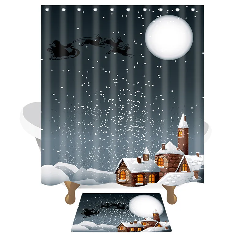 Merry Christmas Bathroom Mat Set Santa Claus Waterproof Bath Shower Curtain Non Slip Rug Decorations for Home | Дом и сад