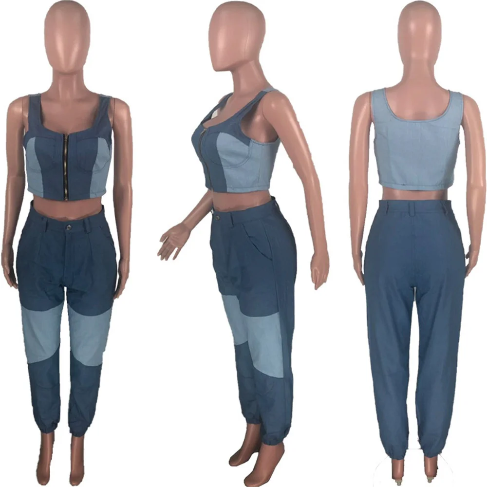 

Denim Two Piece Set Fall Clothes for Women Zipper Crop Top and Pants Suit Jean Ladies Streetwear Matching Sets Sexy Club Outfits