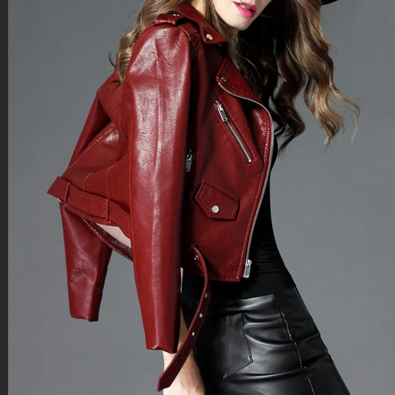 Весенне-осенняя женская кожаная куртка однотонная на молнии из искусственной
