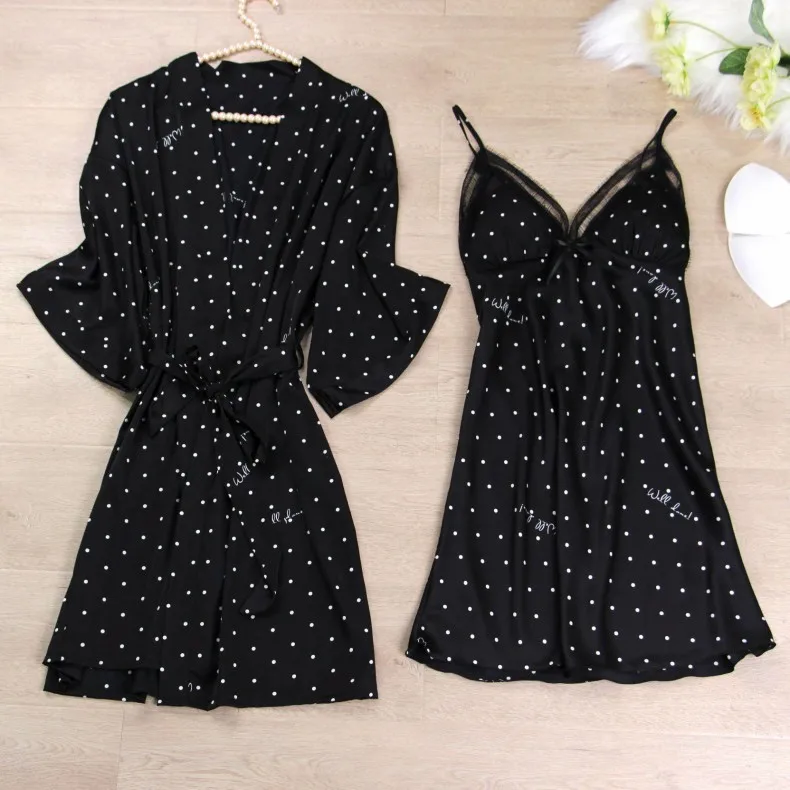 

2PCS Polka Dots Pajamas For Women Sleepwear Intimate Daily Casual Lounge Home lounge Lingerie Femme Sexy Robe