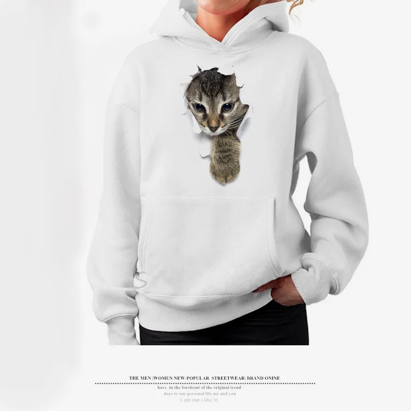 Women Girl Cartoon 3D Lovely Cat Print Sweatshirt With Pocket Long Sleeve Casual Harajuku Hoodies Steetwear Sudadera Mujer Ey