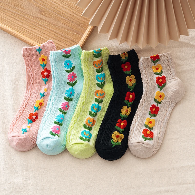 5 Pairs New Fashion Women Socks Japanese Korean Style Female Cartoon Flower Harajuku Kawaii Socks School Girls Casual Crew Socks