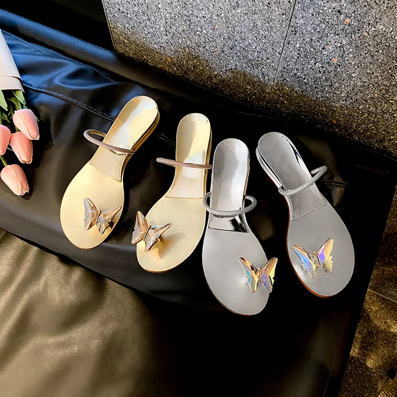 

2022 New Summer Female Fairy Web Celebrity Bow Sandals Slippers Toe Sheepskin Flat Rhinestone Princess Match Everything