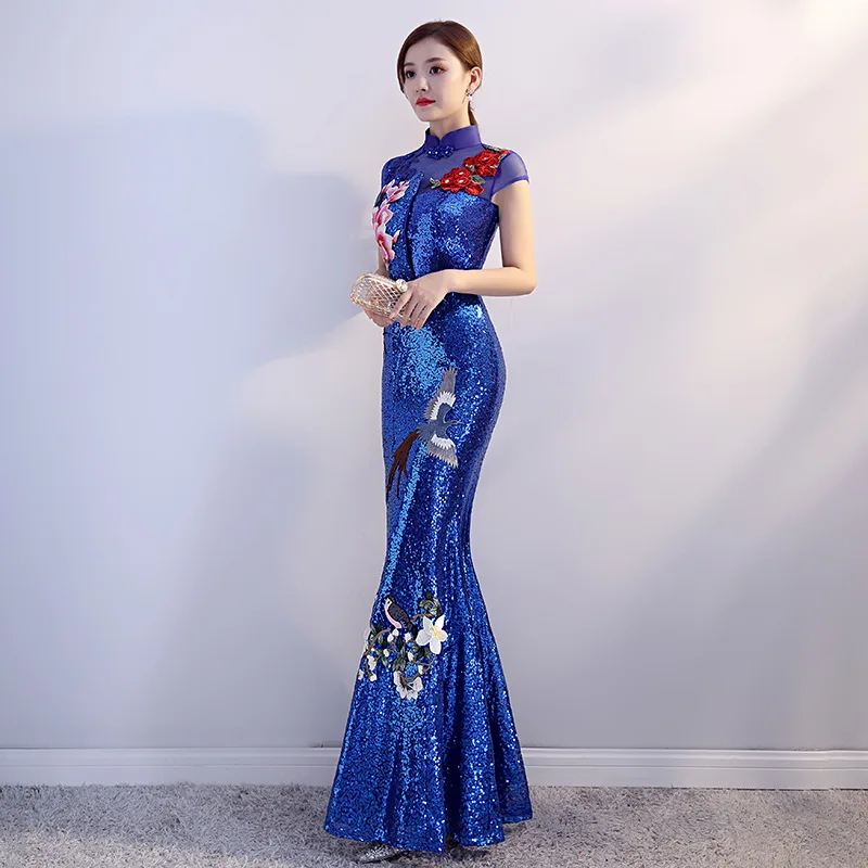 Женское синее вечернее Ципао Qipao элегантное платье с блестками длинное бальное в
