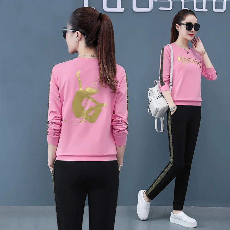 

Fashion Printed Two Piece Outfits for Women Long Sleeve Round Neck Loose Pant Sets Spring Summer Pueple Green Red Pink Black