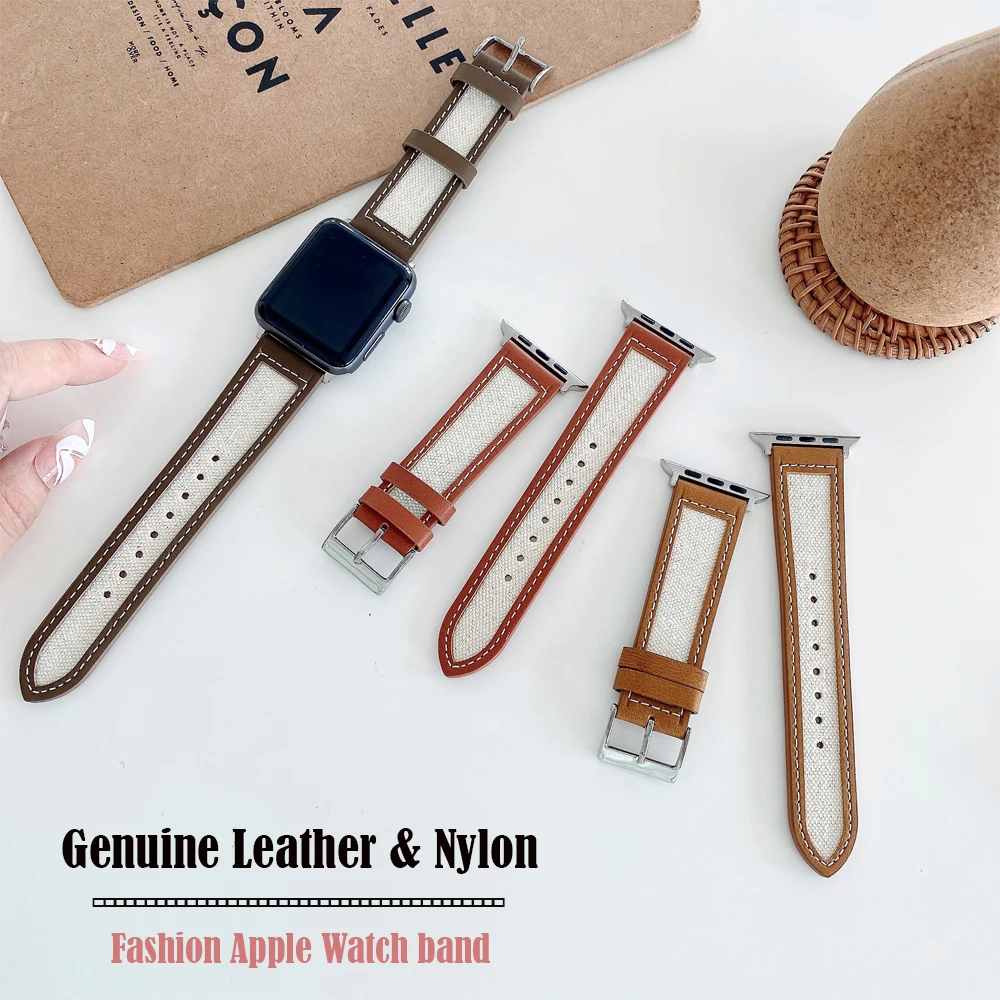 

Strap for Apple watch band 45mm 41mm 44mm 40mm 42mm 38mm Genuine Leather+nylon belt bracelet iWatch series 76 5 4 3 2 Se