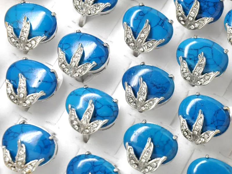 

20pcs Wholesale Vintage Tibet Boho Silver Blue Stone Rings for Women Men Party Turquoises Antique Big Oval Carved Flower Ring
