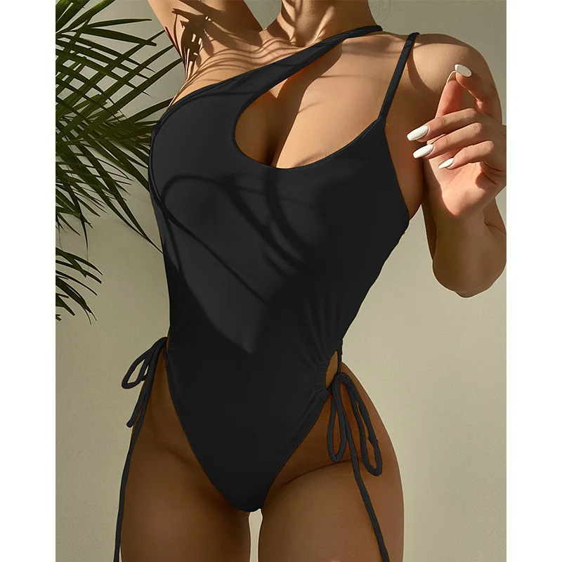 

COOBBU One Shoulder One Piece Swimsuits Cut Out Monokini Swimwear Women Bodysuits Solid Bathing Suit Double Shoulder Strap Lace