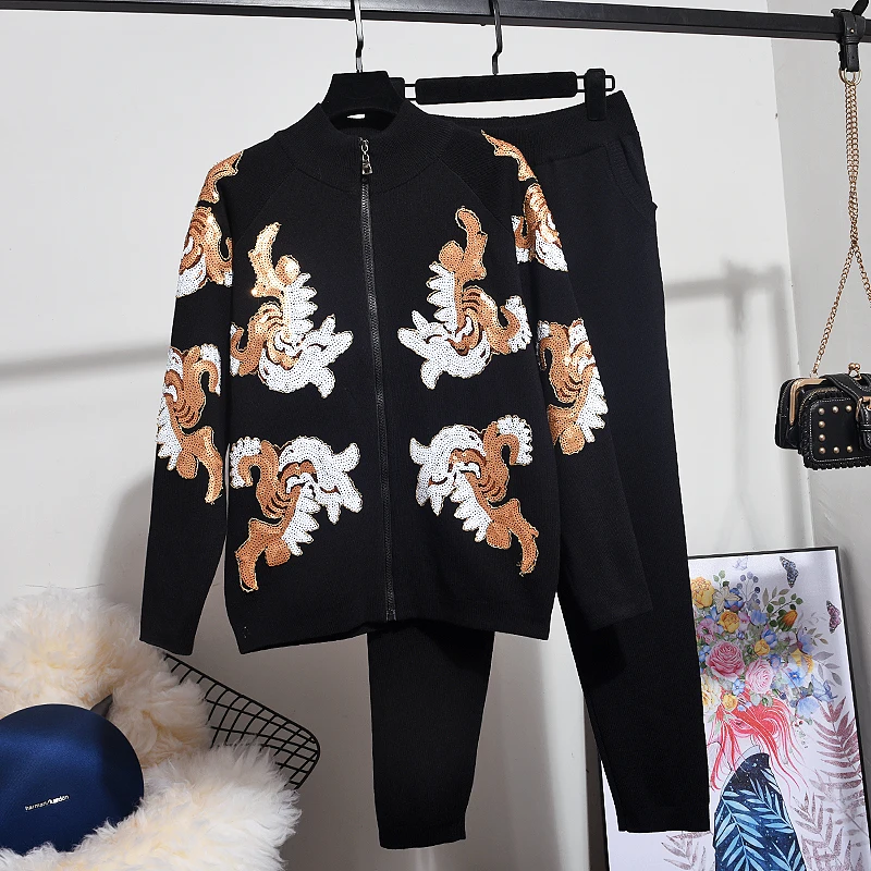 Женский трикотажный кардиган с вышивкой и блестками повседневный комплект из