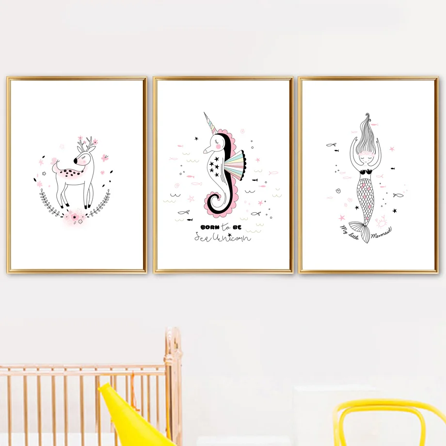 Декоративная картина мультяшная детская комната панда морская лошадь Русалка