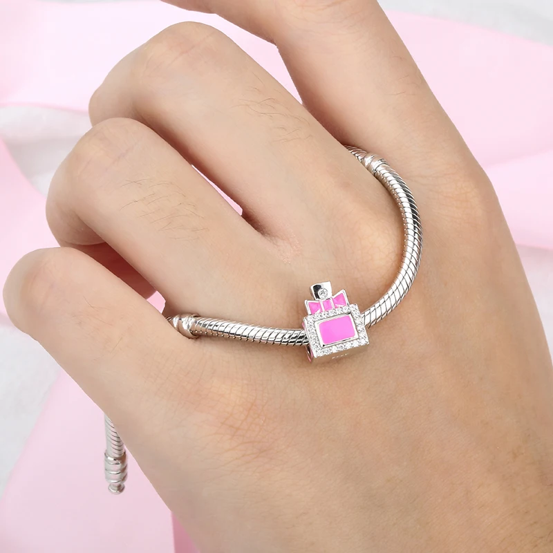 925 Sterling Silver Enamel Pink Perfume Bottle with Bowknot CZ Beads Fit Original Pandora Charms Bracelet Fashion Jewelry Gifts|pandora