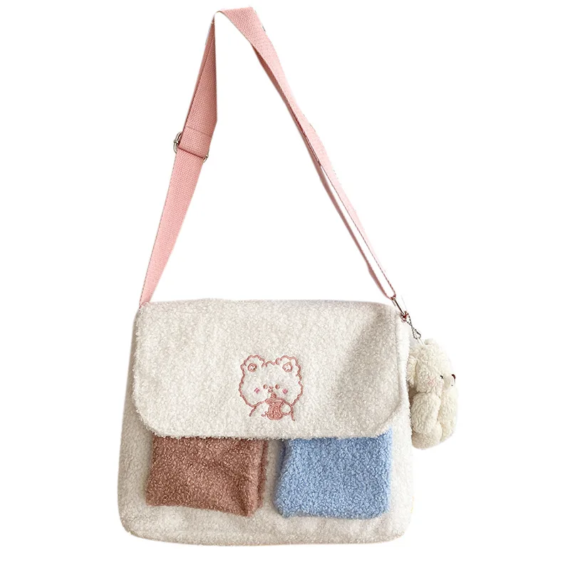 

Women Lamb Like Fabric Shoulder Bag Cute Sheep Handbag Large Capacity Cartoon Embroidery Shopping Bag Cute Book Bags for Girls