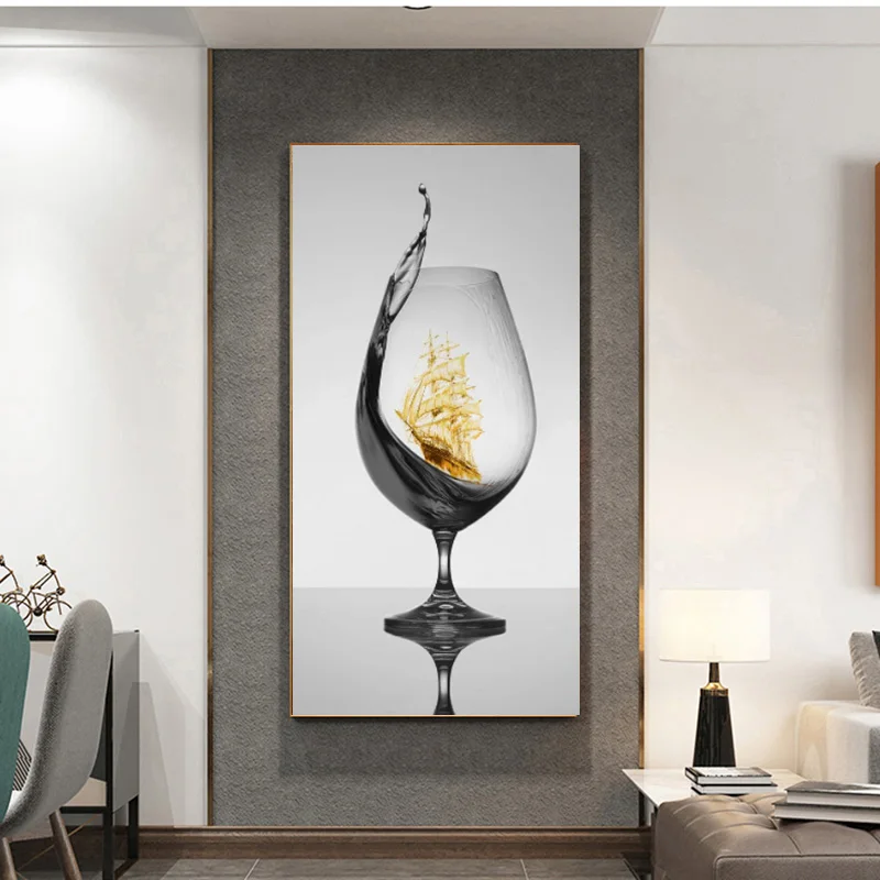 

Modern Romantic Wine Glass With Sailboat Abstract Canvas Art Wall Picture For Gallery Dining Room Bar Home Decor Poster No Frame