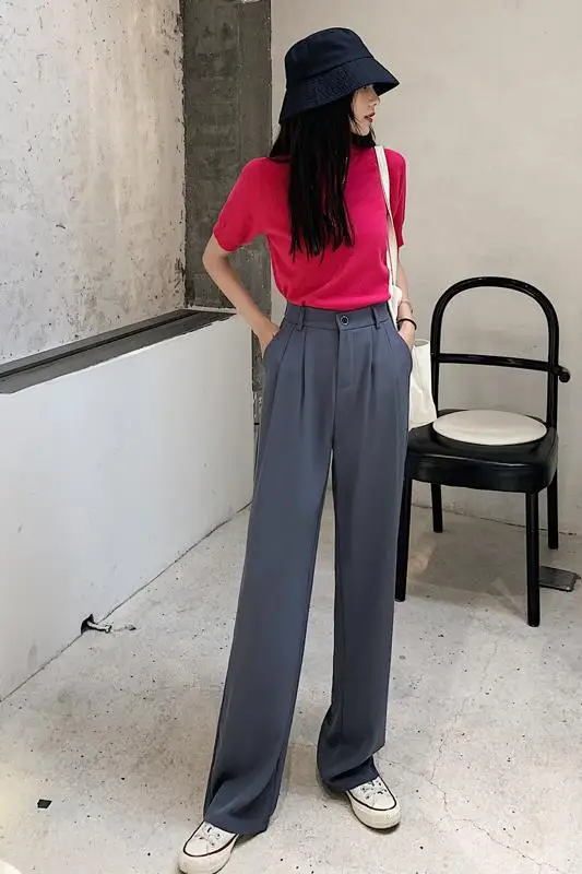 

Harajuku Style Summer Women Female Trousers Fashion Solid Straight Wide Leg Pants Casual Loose High Waist Office Suit Long Pants