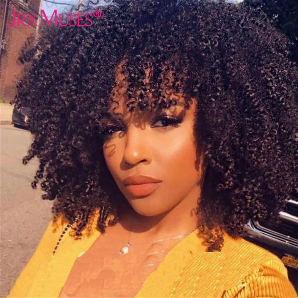 3B/3C Kinky Curly Wig with Bangs Glueless Full Machine Made Brazilian Short Curly Human Hair Wigs for Black Women Remy Black