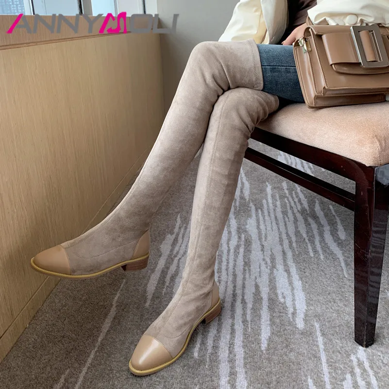 

ANNYMOLI Genuine Leather Mid Heel Stretch Long Boots Women Shoes Round Toe Block Heels Over The Knee High Boots Autumn Winter 43
