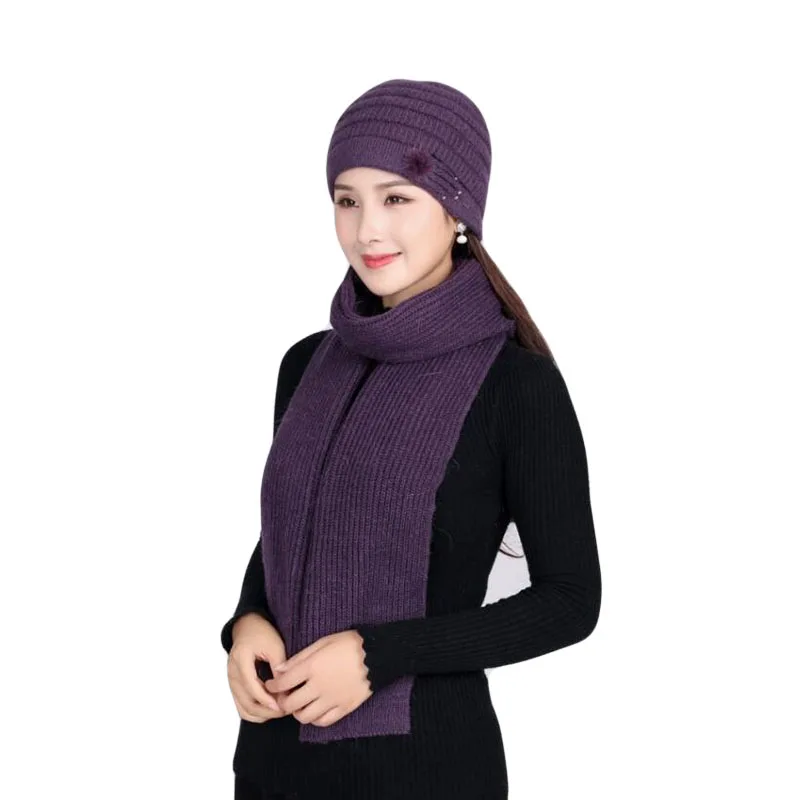 

New Women Hat Scarf Set Winter Mom Hats and Scarf Set for Female Rabbit Fur Hat Luxury Winter Thick Knitted Women Caps Beanies