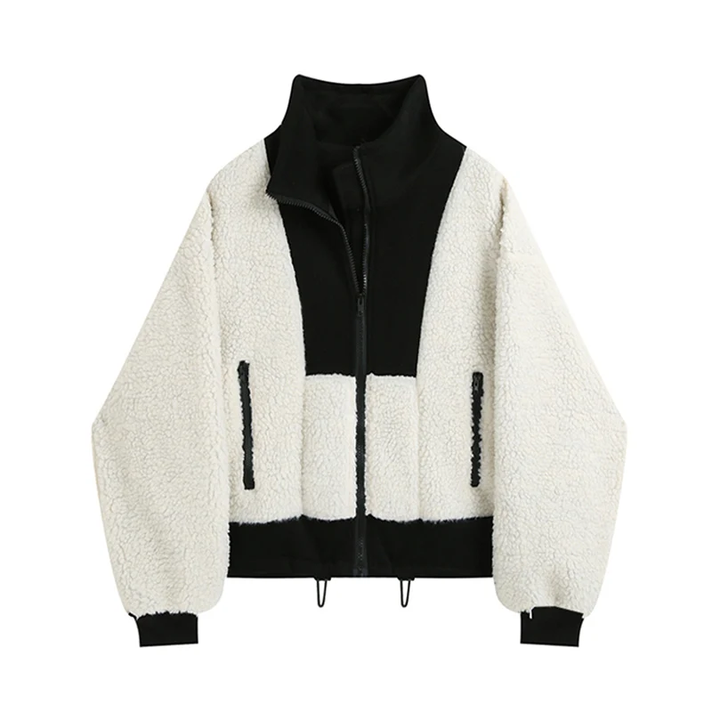 

2022 Women Warm Lamb Wool Jacket Thickened Korean Fashion Casual Turtleneck Patchwork Loose Padded Teddy Coat Female Winter Coat