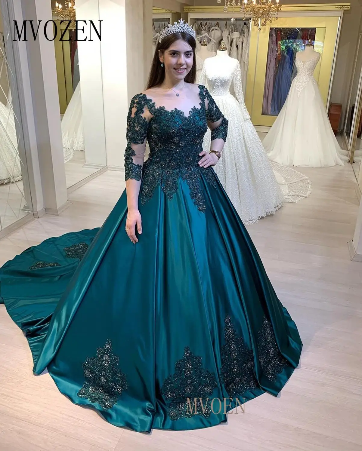 

MVOZEIN Green Long Evening Dresses Lace Appliques Floor Length Evening Dress Formal Party Gowns Vestido de festa Longo