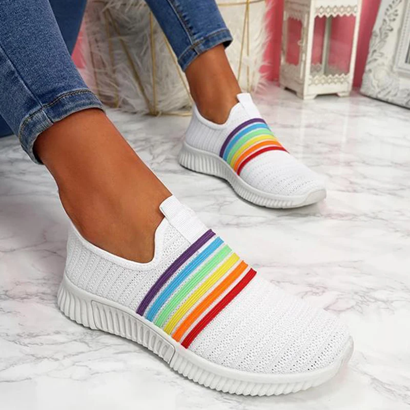 

2021 Women Sneakers Woman Vulcaniaed Female Rainbow Color Stripes Loafers Women's Slip On Flat Lady Soft Mesh Shoes Plus Size