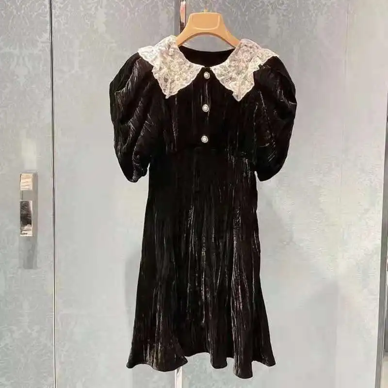 

Women Dress Black Velvet Doll Collar Lace Dress Slim A-line Skirt Puff Sleeve Skirt