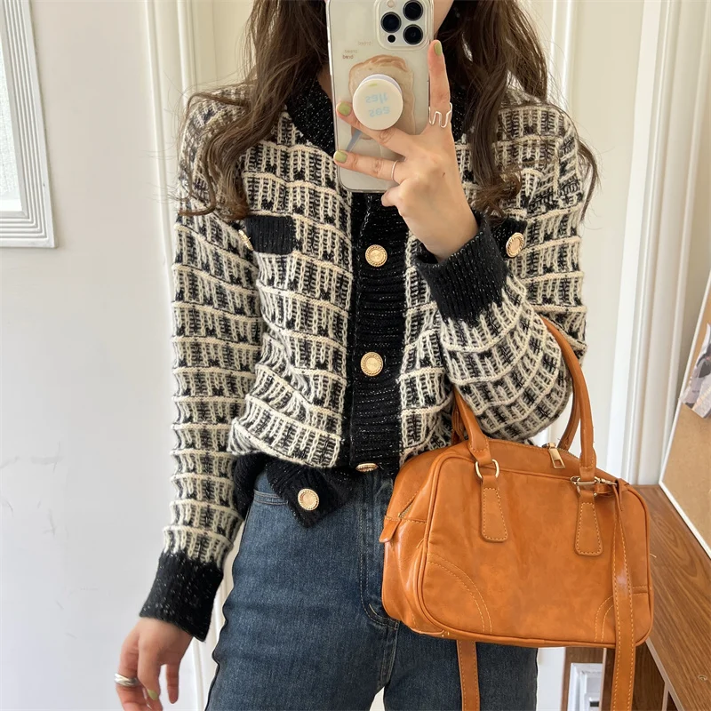 

HziriP Button O-Neck Thicken Sweater Plaid Knitted Basic Short Cardigan Korean 2022 New Winter Women Normcore Fashion Sweet Girl