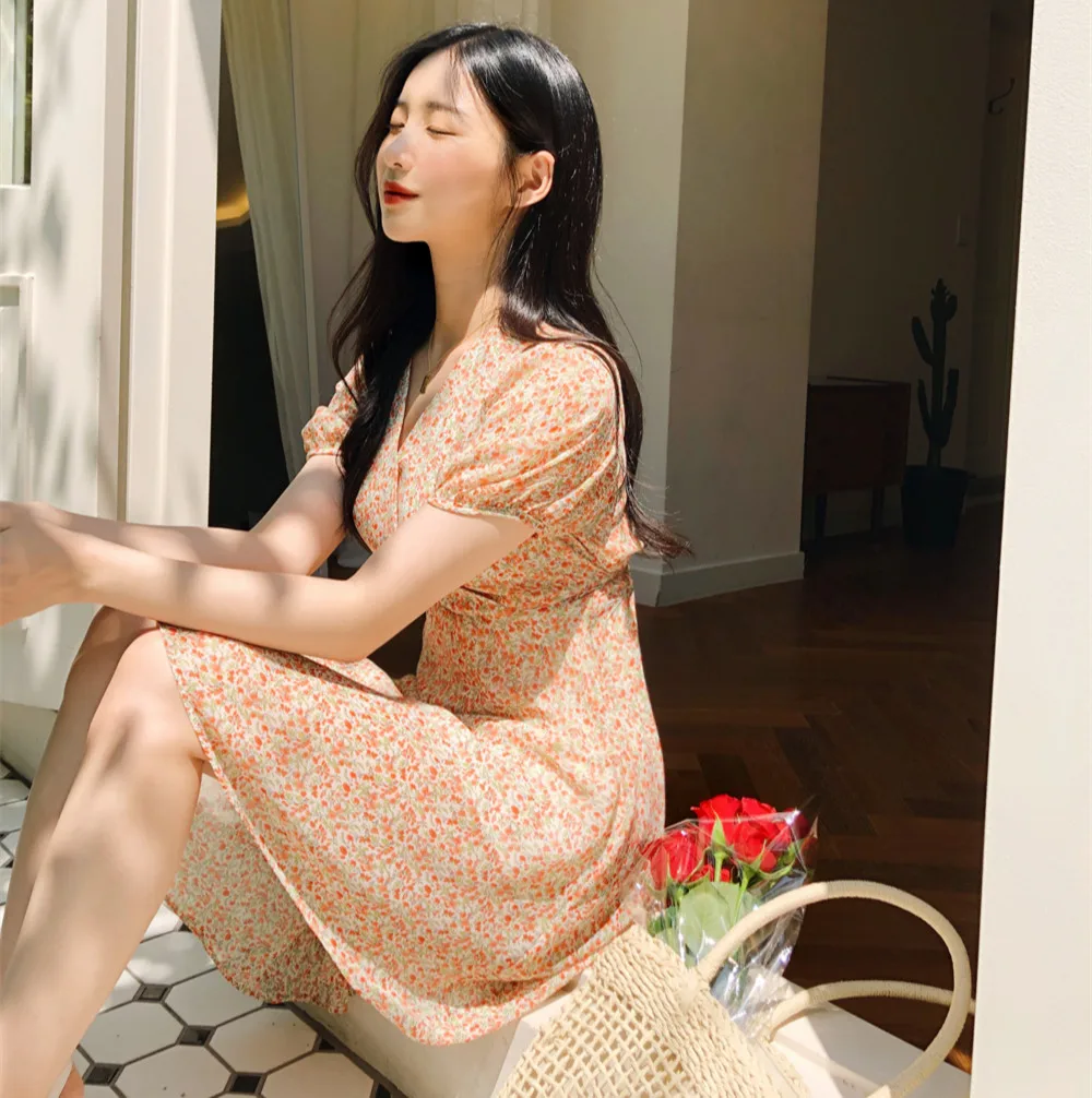 Женское летнее шифоновое платье с коротким рукавом и принтом|Женские платья| |