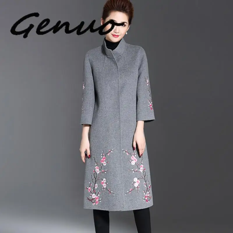 Женское шерстяное пальто с вышивкой длинное жаккардовое большого размера в