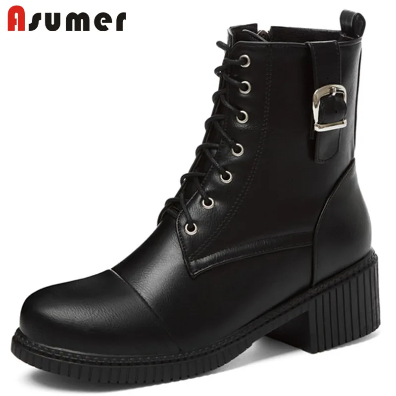 

Женские ботильоны из искусственной кожи Asumer, на толстом каблуке, со шнуровкой и молнией, винтажные Простые повседневные ботинки, Осень-зима ...